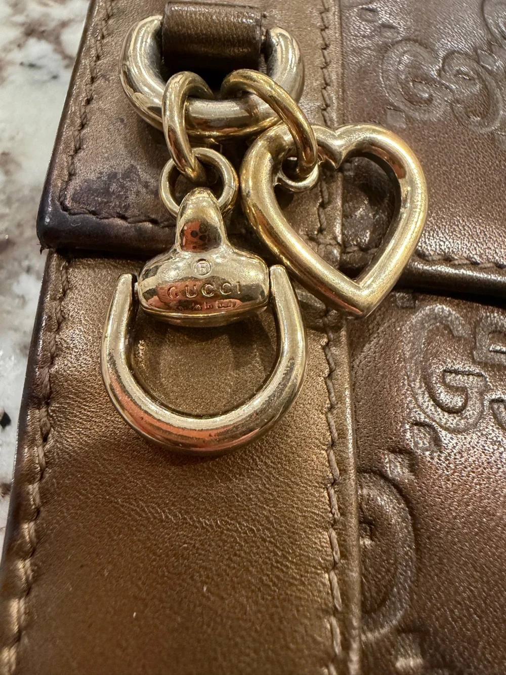 Gucci Bronze Metallic GG-Embossed Leather Wallet with Heart Charm